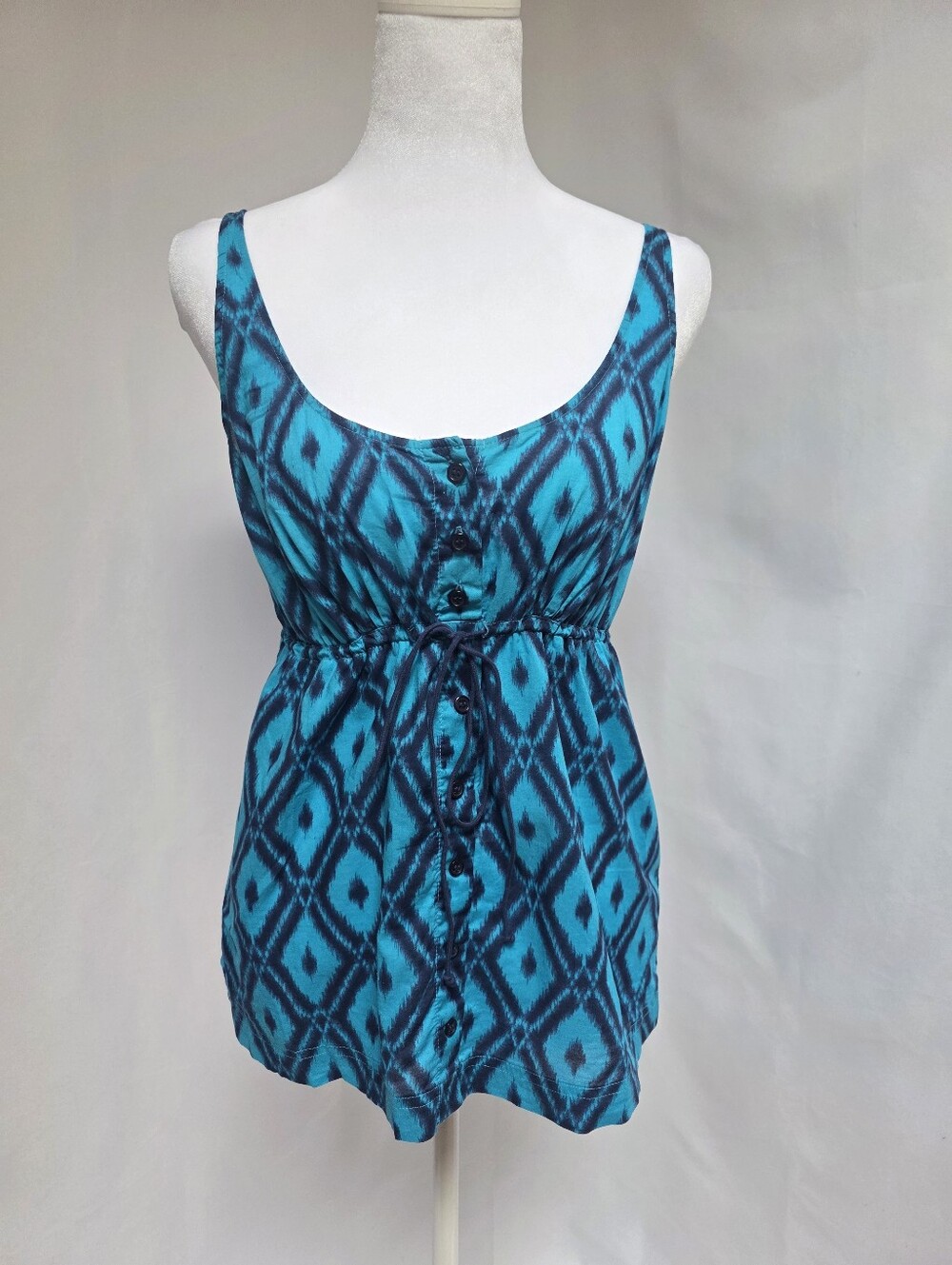 New York & Company Turquoise Ikat Print Button Front Cotton Blouse XS